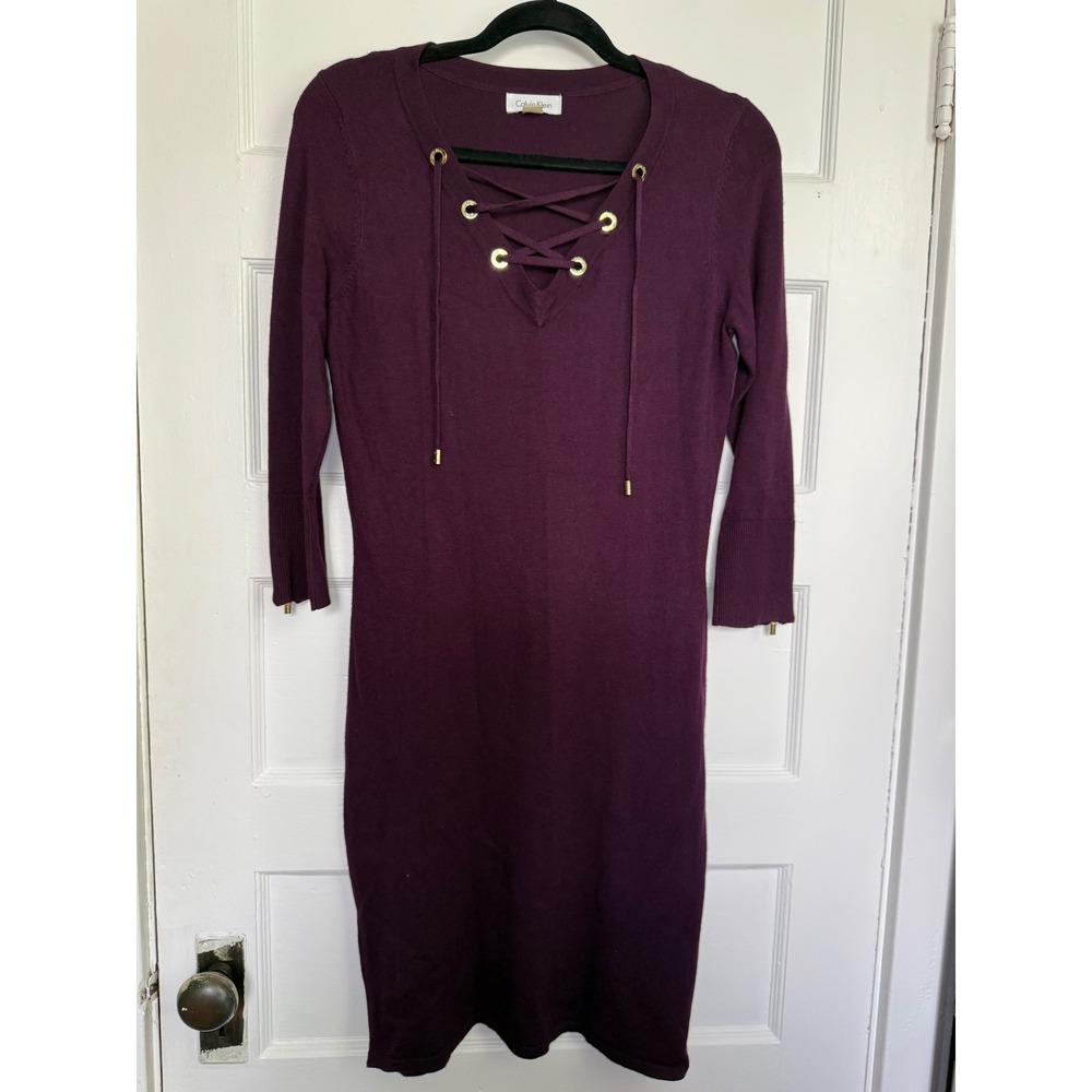 Calvin Klein Plum Purple Lace Up V-Neck Sweater Dress Gold Zipper Cuffs Small